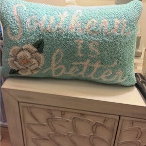 Decorative 'Southern Is Better' Hooked Accent Pillow - Aqua and Cream